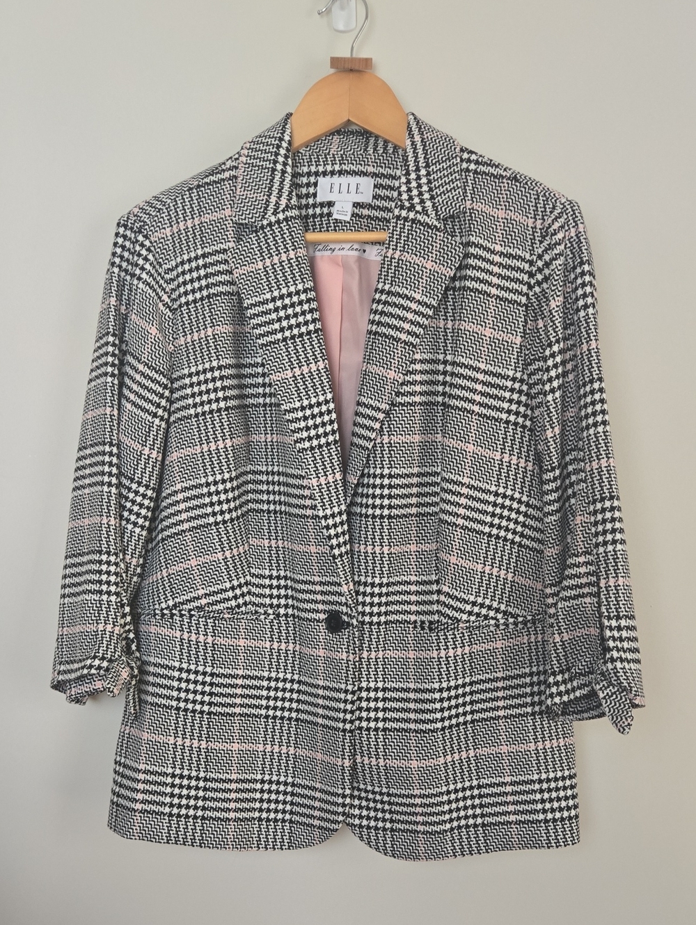 EuC ELLE Black & Pink Glen Plaid Single-Button Blazer
